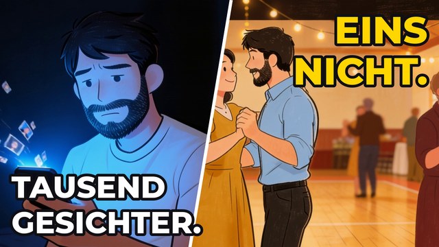 Vorschaubild zum Kurzfilm: links ein Mann allein am Handy, rechts derselbe Mann tanzend mit einer Frau