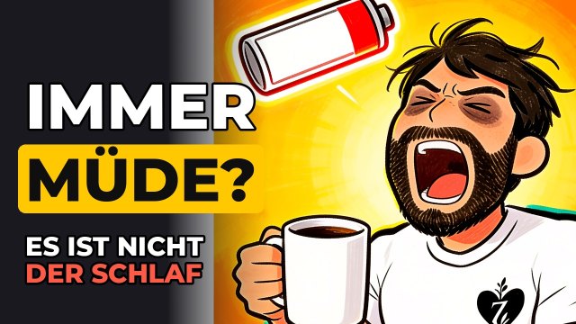 Vorschaubild zum Video: Ein gezeichneter Mann gähnt erschöpft mit einer Kaffeetasse, darüber ein leerer Akku